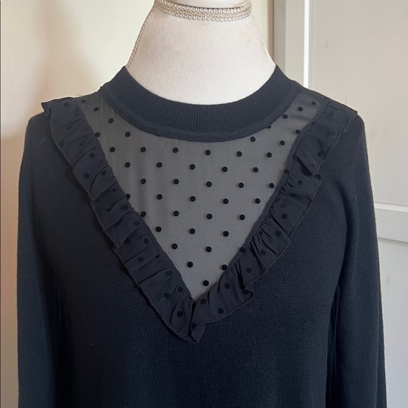 LOFT Black Swiss Dot Ruffle Neck Long Sleeve Dress with Sheer Detail NWT Size S - Picture 4 of 10
